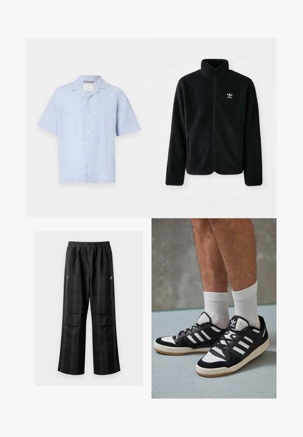 Czarna polarowa kurtka z wysokim kołnierzem, zamek z przodu i kieszeniami z przodu. Posiada teksturowany materiał i małe białe logo na lewej piersi.; Jasnoniebieska koszula z krótkim rękawem, wykonana z lnu, z pionowymi białymi paskami, z ostro zakończonym kołnierzykiem i pięcioma guzikami z przodu.; Czarne spodnie w kratę z elastycznym pasem, dwoma przednimi kieszeniami i luźnym krojem ze prostymi nogawkami. Wykonane z lekkiego materiału.; Czarno-białe sneakersy z zamszową i skórzaną cholewką, z trzema białymi paskami, perforowanym czubkiem i gumową podeszwą w kolorze gumy.