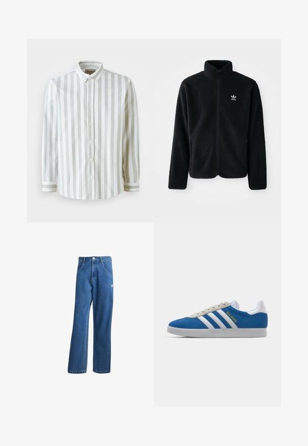 Sort fleecejakke med høj krave, lynlås foran og frontlommer. Har tekstureret stof og lille hvidt logo på venstre bryst.; Stribet skjorte i hvid og lys grå, lavet af vævet stof. Har en krave og knapmanchetter med kontraststriber.; Blå højtaljede viddebukser i denim med forlommer, bælteløkker, knaplukning og lille Adidas-logo på højre lår.; adidas Originals ADIDAS GAZELLE SHOES - Indendørsfodboldstøvler - real madrid/bluebird/footwear white/crew yellow