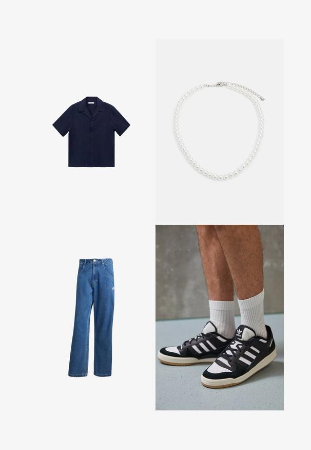 Čierna fleecová bunda s vysokým golierom, zipsom na prednej strane a prednými vreckami. Obsahuje textúrovanú tkaninu a malé biele logo na ľavej hrudi.; Námornícká košeľa s krátkym rukávom, z golierom, s zapínaním na gombíky vpredu, s jednou vreckom na hrudi, vyrobená z ľahkej tkaniny s hladkým povrchom.; Modré riflové nohavice s vysokým pásom a širokým strihom, s prednými vreckami, pútkami na opasok, zapínaním na gombík a malým logom Adidas na pravej stehne.; Čierno-biele tenisky s vrchom z semišu a kože, s troma bielymi pruhmi, perforovanou špičkou a gumovou podrážkou.; Biely perlový náhrdelník s rovnomerným guľatým tvarom, hladkým povrchom a kovovým zapínaním s predlžovacím reťazcom na nastaviteľnú dĺžku.