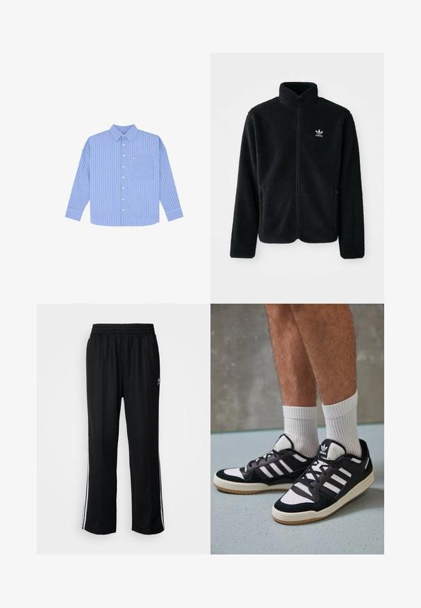 Czarna polarowa kurtka z wysokim kołnierzem, zamek z przodu i kieszeniami z przodu. Posiada teksturowany materiał i małe białe logo na lewej piersi.; Niebieska koszula w paski z długimi rękawami, zapięcie na guziki i kieszenią na piersi. Posiada wąskie pionowe paski w różnych odcieniach niebieskiego.; Czarne sportowe spodnie z elastycznym paskiem w talii, z białymi paskami po bokach i małym logo. Materiał wydaje się miękki i lekki.; Czarno-białe sneakersy z zamszową i skórzaną cholewką, z trzema białymi paskami, perforowanym czubkiem i gumową podeszwą w kolorze gumy.