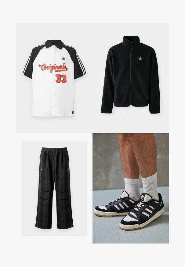 Musta fleece-takki, jossa on korkea kaulus, vetoketjusuljenta ja etutaskut. Käyttää teksturoitua kangasta ja siinä on pieni valkoinen logo vasemmassa rinnassa.; Valkoinen lyhythihainen polo-paita mustalla kauluksella, mustilla hihoilla, punaisella "The Originals" -grafiikalla ja punaisella "33"-painatuksella edessä.; Mustat ruudulliset housut, joissa on joustava vyötärö, kaksi etutaskua ja rento istuvuus suoralla lahkeella. Valmistettu kevyestä materiaalista.; Valkoiset ja mustat tennarit, joissa on mokkanahka- ja nahkapäällinen, kolme valkoista raitaa, rei'itetty kärki ja kumipohja.