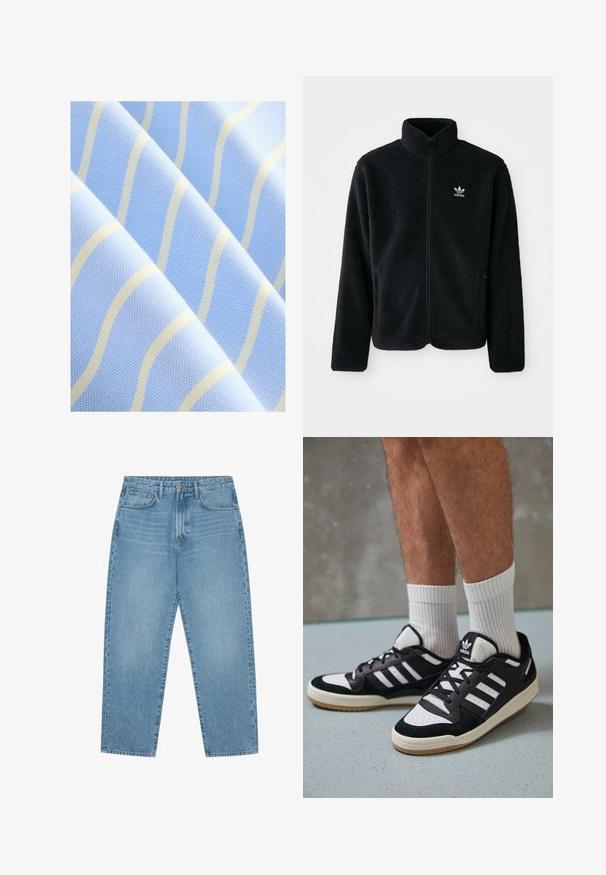 Schwarze Fleecejacke mit hohem Kragen, durchgehendem Reißverschluss und Fronttaschen. Verfügt über strukturiertes Material und ein kleines weißes Logo auf der linken Brust.; Helle blaue Stoff mit dünnen, gewellten weißen Streifen. Strukturiert Oberfläche mit einem subtilen Muster, das ein glattes und weiches Erscheinungsbild bietet.; Hellblaue Jeans im weit geschnittenen Stil mit hoher Taille, ausgestattet mit fünf Taschen, Gürtelschlaufen und einer weichen, leicht verblassten Textur.; Schwarz-weiße Sneaker mit einem Obermaterial aus Wildleder und Leder, ausgestattet mit drei weißen Streifen, einer perforierten Zehenpartie und einer Sohle aus Gummi.