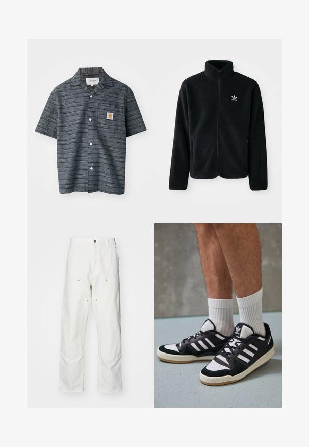Schwarze Fleecejacke mit hohem Kragen, durchgehendem Reißverschluss und Fronttaschen. Verfügt über strukturiertes Material und ein kleines weißes Logo auf der linken Brust.; Kurzarmhemd in Dunkelgrau mit gestreiftem Muster, ausgestattet mit einer Brusttasche und einem Carhartt-Logo-Patch.; Weiße Baumwoll-Cargohose mit lockerer Passform. Zu den Merkmalen gehören Fronttaschen, goldfarbene Hardware-Akzente und verstärkte Kniebereiche.; Schwarz-weiße Sneaker mit einem Obermaterial aus Wildleder und Leder, ausgestattet mit drei weißen Streifen, einer perforierten Zehenpartie und einer Sohle aus Gummi.