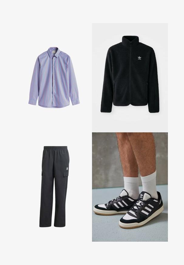 Must värviline fleecedee peasärk kõrge kraega, tõmblukuga esiosa ja esikotid. Omab tekstuuriga kangast ja väikest valget logo vasakul rinnal.; Nööpidega ülikonna särk pikade varrukatega, helesinine kangas, millel on vertikaalsed punased triibud, tavalise kaelusega ja nööbiga kinnitamine.; Mustad mustreebiga mustad cargo püksid elastse vöökaarega, kahe külge taskuga ja diskreetse logoga vasakul reitel. Valmistatud kergest kangast.; Mustvalged ja valged spordijalatsid, mille pealmine osa on valmistatud suede'ist ja nahast. Kingadel on kolm valget riba, auguline varvas ja kummist tald.