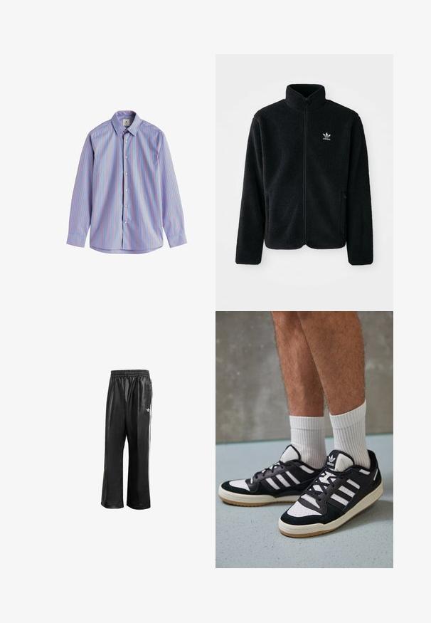 Jachetă din fleece neagră cu guler înalt, fermoar pe față și buzunare frontale. Caracteristici ale materialului texturat și un mic logo alb pe pieptul stâng.; Cămașă cu nasturi, cu mâneci lungi, dintr-un material albastru deschis, având dungi verticale roșii, guler standard și închidere cu nasturi.; Pantaloni de trening sintetici negri cu talie elastică, având dungi albe pe laturi și un mic logo alb pe şoldul stâng.; Adidași negri și albi cu un superior din suede și piele, prevăzuți cu trei dungi albe, un vârf perforat și o talpă din cauciuc caramel.