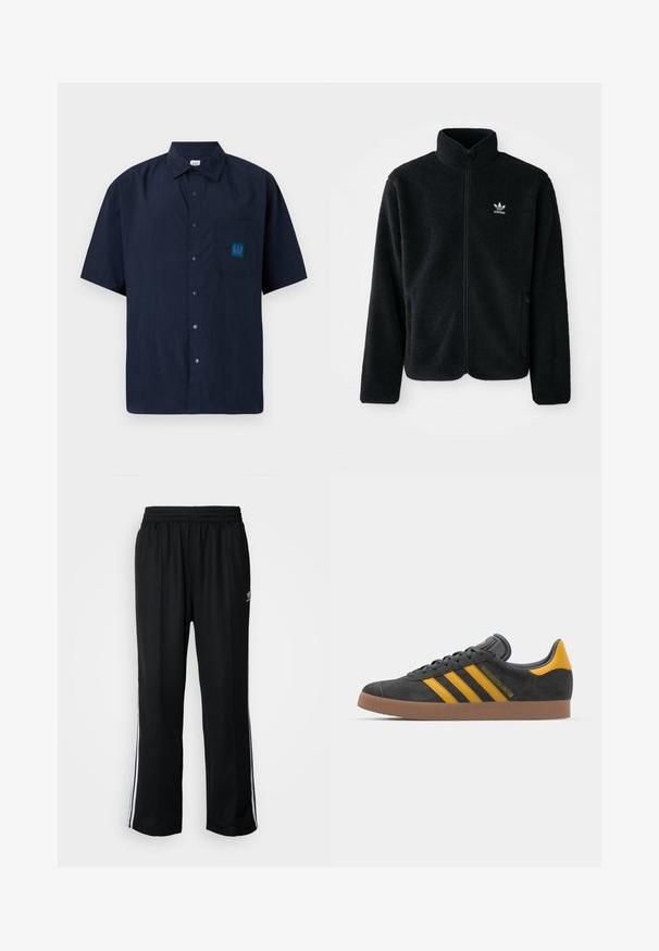 Fekete bolyhos dzseki magas gallérral, cipzáros elejével és elülső zsebeivel. Texturált anyaga és kis fehér logója van a bal mellen.; Sötétkék, rövid ujjú gombos ing, könnyű anyagból készült, mellzsebbel, amelyen egy teazöld GAP logó található.; Fekete sportnadrág rugalmas derékrésszel, fehér oldalsávokkal és egy kis logóval. Az anyaga lágy és könnyűnek tűnik.; Fekete velúrbőr sportcipő sárga díszítéssel, három csíkkal és barna gumitalppal. Párnázott nyelvével a kényelem érdekében.