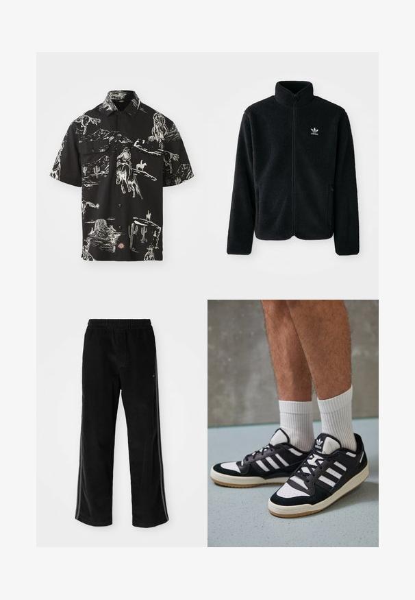 Svart fleecejakke med høy krage, glidelås foran og frontlommer. Har strukturert stoff og liten hvit logo på venstre bryst.; Kortermet svart skjorte med cowboy-tema mønster i hvitt, med to brystlommer og knappelukking.; Svart kordfløyelsbukser med avslappet passform, med elastisk midjebånd og sidelister. Glatt tekstur med vertikale ribbedetaljer.; Sorte og hvite sneakers med overdel i semsket skinn og lær, med tre hvite striper, perforert tå og en såle av gummi.