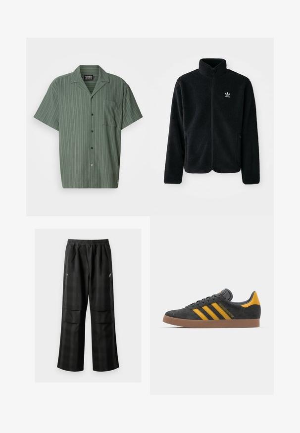 Chupa de forro polar negro con cuello alto, cierre frontal y bolsillos delanteros. Presenta tela texturizada y un pequeño logo blanco en el lado izquierdo del pecho.; Camisa de manga corta verde con rayas verticales, collar, bolsillo frontal y cierre de botones. Fabricada con una tela texturizada.; Pantalones de cuadros negros con cintura elástica, dos bolsillos frontales y un ajuste holgado con diseño de pierna recta. Fabricados en material ligero.; Zapatillas de ante negro con acentos amarillos, que presentan tres franjas y una suela de goma marrón. Incluyen una lengüeta acolchada para mayor comodidad.