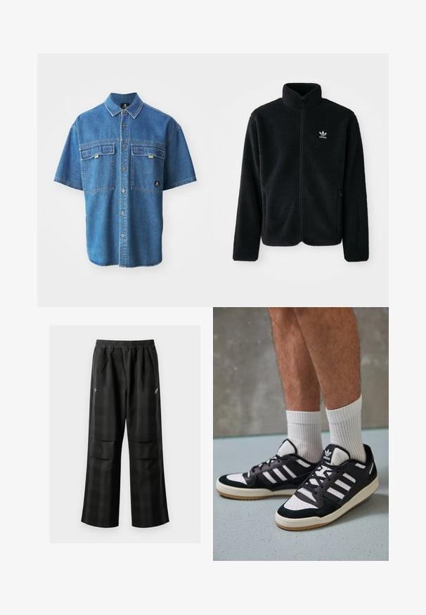 Melns flīsa mētelis ar augstu apkakli, ar rāvējslēdzēju priekšā un priekšējiem kabatām. Iezīmē ar teksturētu audumu un mazu baltu logo uz kreisā krūtīm.; Gaiši zilā krāsā īsās piedurknes džinsa krekls, kas piedāvā divas krūšu kabatas, klasisku apkakli, redzamu šuvi un brūnus pogas.; Melnas kvadrātveida bikses ar elastīgu jostu, divām priekšējām kabatām un brīvu piegriezumu ar taisnām kājām. Izgatavotas no viegla materiāla.; Melnas un baltas kedas ar zamša un ādas augšdaļu, kas aprīkotas ar trim baltām svītrām, perforētu purngali un gumijas zolēm.