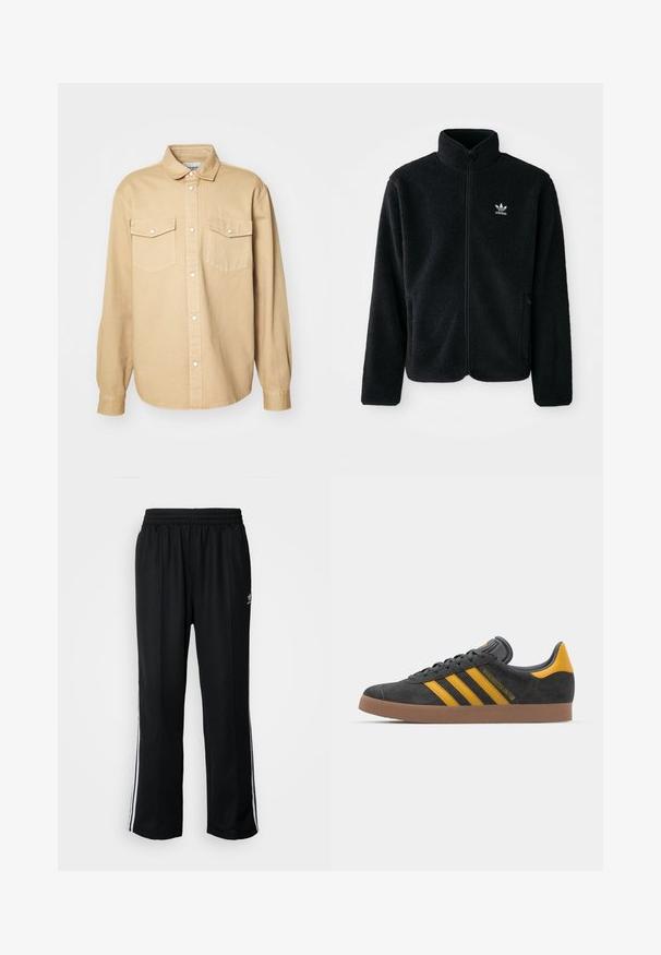 Must värviline fleecedee peasärk kõrge kraega, tõmblukuga esiosa ja esikotid. Omab tekstuuriga kangast ja väikest valget logo vasakul rinnal.; Bež särk, mis on valmistatud puuvillast, klassikalise krae, kahe rinnatasku ja pikkade varrukatega, millel on nööpidega mansetid.; Mustad mustad spordipüksid elastse vöökohaga, millel on valged küljeread ja väike logo. Materjal tundub pehme ja kerge.; Mustad sametist spordijalatsid kollaste aktsentidega, millel on kolm triipu ja pruun kummitald. Mugavuse tagamiseks on neil pehmendatud keele osa.