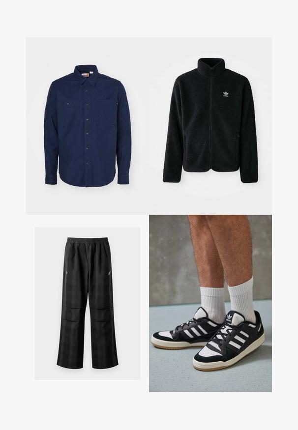 Casaco de fleece preto com gola alta, fecho de correr à frente e bolsos frontais. Apresenta um tecido texturizado e um pequeno logo branco no lado esquerdo do peito.; Camisa azul-marinho de botão, feita de algodão, com gola pontuada, mangas longas, dois bolsos no peito e uma bainha reta.; Calças pretas em padrão xadrez com cintura elástica, dois bolsos frontais e um ajuste solto com design de perna reta. Feitas de material leve.; Ténis em preto e branco com upper em camurça e couro, apresentando três riscas brancas, um toe perfurado e uma sola em borracha de goma.