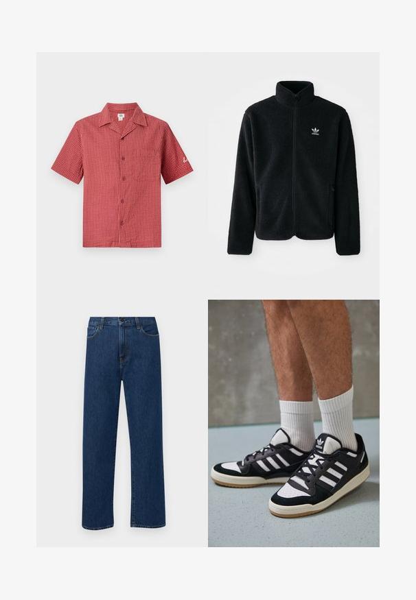 Svart fleecejakke med høy krage, glidelås foran og frontlommer. Har strukturert stoff og liten hvit logo på venstre bryst.; Rød rutete kortermet skjorte med camp krage, frontlomme og knappefeste. Stoffet ser lett og teksturert ut.; Mørkeblå rette jeans i denim med frontlommer og knappelukking, vist på en enkel hvit bakgrunn.; Sorte og hvite sneakers med overdel i semsket skinn og lær, med tre hvite striper, perforert tå og en såle av gummi.