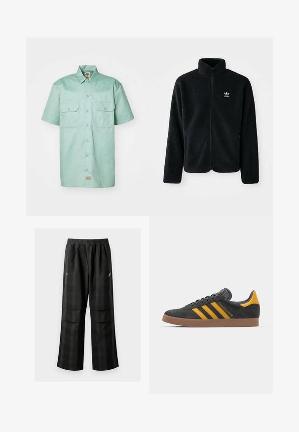 Svart fleecejakke med høy krage, glidelås foran og frontlommer. Har strukturert stoff og liten hvit logo på venstre bryst.; Kortermet mintgrønn skjorte laget av bomull. Har en knapp ned front, to brystlommer og et logonmerke nær nederkanten.; Svarte rutete bukser med elastisk midje, to frontlommer og løs passform med rett ben-design. Laget av lett materiale.; Sort skinnesko i svart semsket skinn med gule detaljer, med tre striper og en brun gummisåle. Inkluderer en polstret tunge for komfort.