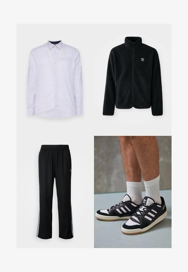 Crna fleec jakna s visokim ovratnikom, prednjim zatvaračem i prednjim džepovima. Ima teksturirani materijal i mali bijeli logo na lijevoj strani prsnog koša.; Bijela košulja dugih rukava s malim tamnoplavim točkicama, okovratnikom na dugme i džepom na prsima. Ima dugmad na manžetama i glatku teksturu.; Crne sportske hlače s elastičnom trakom oko struka, s bijelim bočnim prugama i malim logotipom. Materijal izgleda mekan i lagan.; Crne i bijele tenisice s gornjim dijelom od antilopa i kože, s tri bijele pruge, perforiranim prstom i gumiranim potplatom.