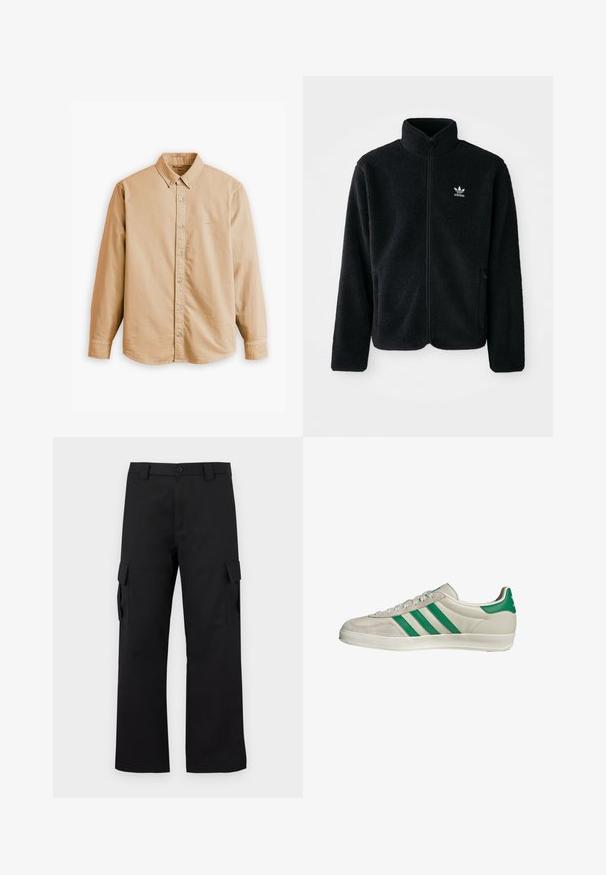 Giacca in pile nera con colletto alto, chiusura zip frontale e tasche anteriori. Presenta un tessuto testurizzato e un piccolo logo bianco sul lato sinistro del petto.; Levi's® AUTHENTIC BUTTON DOWN - Camicia - muir woods safari garment dye; Pantaloni cargo neri con design a gamba dritta. Realizzati in tessuto resistente, dotati di due tasche laterali con chiusura a pattina e chiusura con bottone.; Sneaker beige con strisce verdi, con suola bianca e tomaia in pelle liscia. Vista laterale che evidenzia i dettagli dei lacci e il logo.