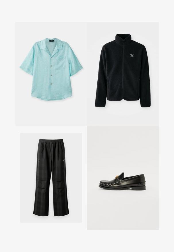 Fekete bolyhos dzseki magas gallérral, cipzáros elejével és elülső zsebeivel. Texturált anyaga és kis fehér logója van a bal mellen.; Egy világoskék, rövid ujjú ing sima anyagból, ami terjesztett gallérral, elülső zsebbel és diszkrét textúrájú mintával rendelkezik, arany gombokkal.; Fekete kockás nadrág, rugalmas derékkal, két elülső zsebbel és laza, egyenes szárú fazonnal. Könnyű anyagból készült.; Fekete bőr mokaszinok, lekerekített orral, arany díszítéssel a felső részen és finom varrással a szélein. Lapos talp.
