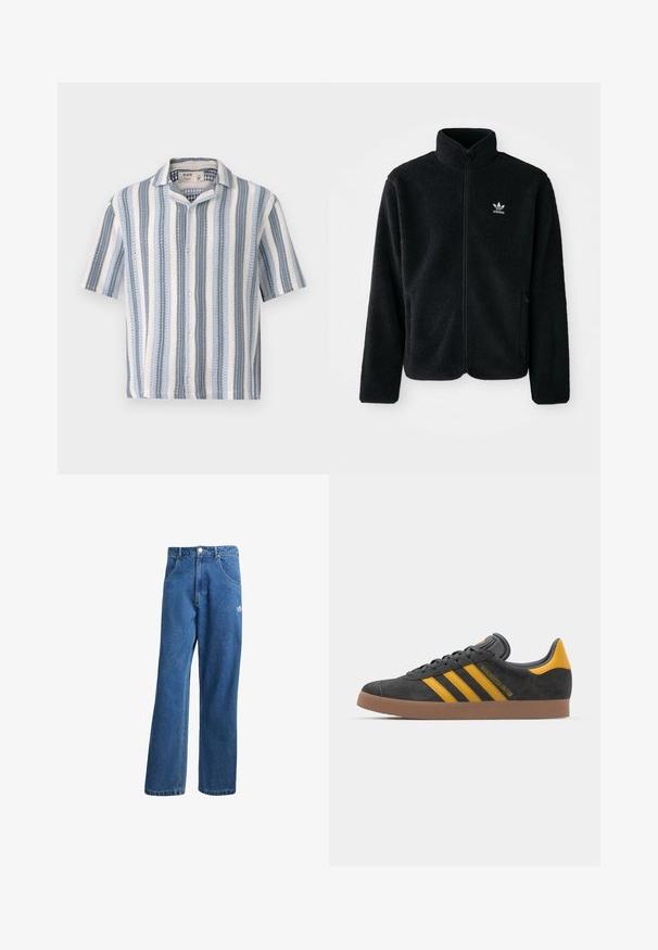 Svart fleecejakke med høy krage, glidelås foran og frontlommer. Har strukturert stoff og liten hvit logo på venstre bryst.; Kortermet skjorte med knapper, i blå og hvite vertikale striper, med en hakket krage og et teksturert stoff med lett design.; Blå høyhalsede vide denimjeans med frontlommer, belteholdere, knappelukking og liten Adidas-logo på høyre lår.; Sort skinnesko i svart semsket skinn med gule detaljer, med tre striper og en brun gummisåle. Inkluderer en polstret tunge for komfort.