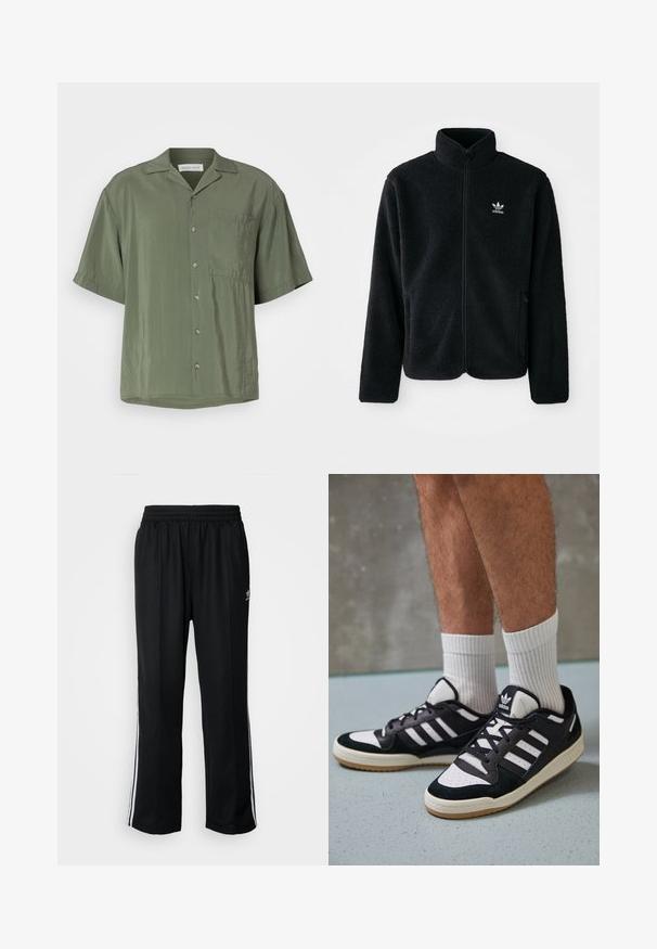 Crna fleec jakna s visokim ovratnikom, prednjim zatvaračem i prednjim džepovima. Ima teksturirani materijal i mali bijeli logo na lijevoj strani prsnog koša.; Pier One Majica - khaki; Crne sportske hlače s elastičnom trakom oko struka, s bijelim bočnim prugama i malim logotipom. Materijal izgleda mekan i lagan.; Crne i bijele tenisice s gornjim dijelom od antilopa i kože, s tri bijele pruge, perforiranim prstom i gumiranim potplatom.