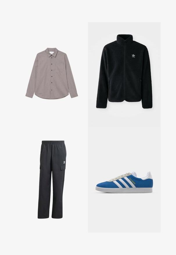 Must värviline fleecedee peasärk kõrge kraega, tõmblukuga esiosa ja esikotid. Omab tekstuuriga kangast ja väikest valget logo vasakul rinnal.; Pikem varrukaga nuppupaita pruun-beežis ruudustikus. Omab kraed, rinnataskut ning musti nuppe ees.; Mustad mustreebiga mustad cargo püksid elastse vöökaarega, kahe külge taskuga ja diskreetse logoga vasakul reitel. Valmistatud kergest kangast.; adidas Originals ADIDAS GAZELLE SHOES - Saalijalgpalli saapad - real madrid/bluebird/footwear white/crew yellow