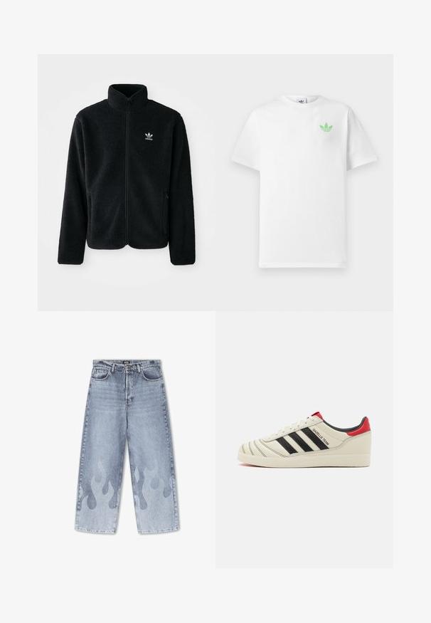 Chupa de forro polar negro con cuello alto, cierre frontal y bolsillos delanteros. Presenta tela texturizada y un pequeño logo blanco en el lado izquierdo del pecho.; Camiseta de algodón blanca con mangas cortas, con un pequeño logo verde de Adidas en el lado izquierdo del pecho. Diseño simple y clásico con un cuello redondo.; Jeans de mezclilla azul claro con un corte de pierna ancha; presenta un sutil patrón de llamas en un tono más claro en las piernas inferiores. Diseño clásico de cinco bolsillos.; Zapatillas de cuero crema con rayas negras, acentos rojos en el talón y detalles texturizados. Presentan una suela de goma y cierre de cordones.