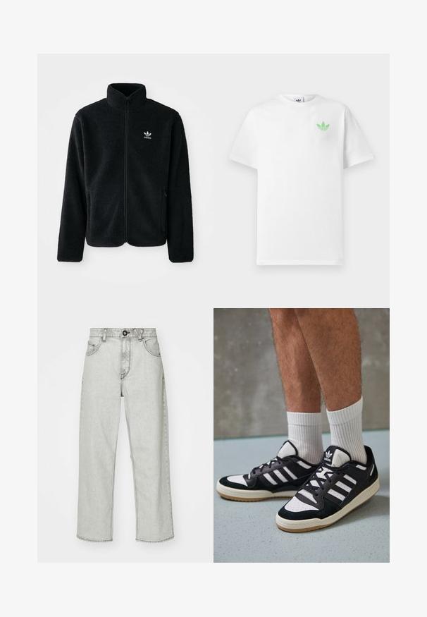 Schwarze Fleecejacke mit hohem Kragen, durchgehendem Reißverschluss und Fronttaschen. Verfügt über strukturiertes Material und ein kleines weißes Logo auf der linken Brust.; Weißes Baumwoll-T-Shirt mit kurzen Ärmeln, das auf der linken Brust ein kleines grünes Adidas-Logo zeigt. Einfaches, klassisches Design mit Rundhalsausschnitt.; Hellgraue, hochtaillierte Jeans mit lockerem Schnitt, fünf Taschen, vorderem Knopfverschluss und dezentem Texturmuster auf dem Denim-Stoff.; Schwarz-weiße Sneaker mit einem Obermaterial aus Wildleder und Leder, ausgestattet mit drei weißen Streifen, einer perforierten Zehenpartie und einer Sohle aus Gummi.