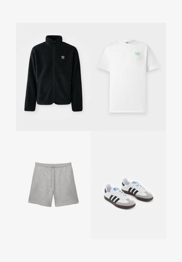 Giacca in pile nera con colletto alto, chiusura zip frontale e tasche anteriori. Presenta un tessuto testurizzato e un piccolo logo bianco sul lato sinistro del petto.; T-shirt bianca in cotone con maniche corte, caratterizzata da un piccolo logo Adidas verde sul lato sinistro del petto. Design semplice e classico con scollatura rotonda.; Pantaloni corti grigi in cotone con vita elastica e cordoncino, dotati di due tasche laterali e una finitura morbida e testurizzata.; Scarpe sportive con tomaia in pelle bianca, punta in suede grigia e tre strisce nere. Presentano un logo blu sulla linguetta e una suola in gomma testurizzata.