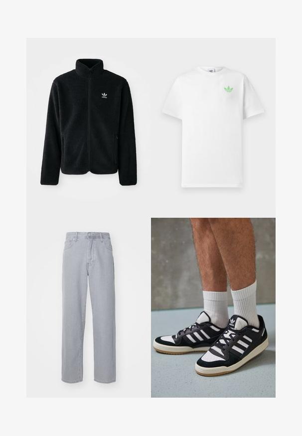 Black fleece jacket with high collar, zip front, and front pockets. Features textured fabric and small white logo on left chest.; White cotton t-shirt with short sleeves, featuring a small green Adidas logo on the left chest. Simple, classic design with a round neckline.; Light gray denim jeans with a straight leg design, five pockets, belt loops, and a button fly. Smooth texture with no visible patterns.; Black and white sneakers with a suede and leather upper, featuring three white stripes, a perforated toe, and a gum rubber sole.