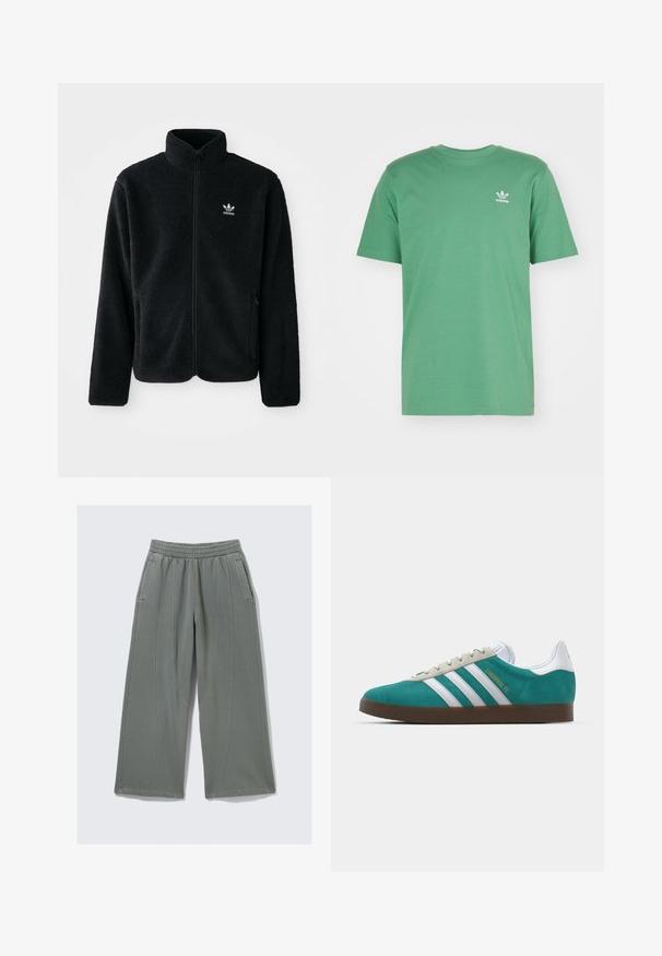 Black fleece jacket with high collar, zip front, and front pockets. Features textured fabric and small white logo on left chest.; adidas Originals TREFOIL ESSENTIALS - Print T-shirt - preloved green; Light gray wide-leg pants made of soft fabric, featuring an elastic waistband and two side pockets, with visible stitching details.; adidas Originals ADIDAS GAZELLE SHOES - Indoor football boots - liverpool fc/sea green/footwear white