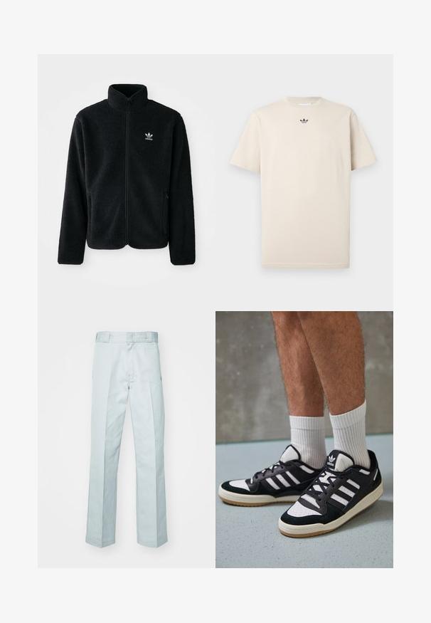 Juodas fliso džemperis su aukštu apykakle, užtrauktuku priekyje ir priekinėmis kišenėmis. Ypatybės: tekstūruota medžiaga ir mažas baltas logotipas kairėje krūtinės pusėje.; Bežinis medvilninis marškinėliai su apvalia iškirpte, trumpomis rankovėmis ir mažuoju tamsiu logotipu ant krūtinės. Lygus paviršius ir laisvas fasonas.; Šviesiai mėlynos medvilninės kelnės su tiesia kojos siluetu, su nežymiais raukšlių linijomis ir lygia tekstūra, užbaigtos standartiniu juosmeniu.; Juodos ir baltos sportinės bateliai su zomšiniu ir odiniu viršumi, su trimis baltomis juostelėmis, perforuota koja ir guminėmis padais.