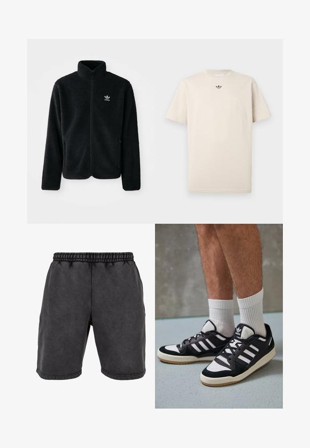Črna flis jakna z visokim ovratnikom, z zadrgo spredaj in sprednjimi žepi. Ima strukturno blago in majhno belo logo na levi strani prsnega koša.; Bež majica iz bombaža s okruglim izrezom, kratkim rukavima in majhnim temnim logotipom na prsih. Gladka tekstura in sproščen kroj.; Črne bombažne kratke hlače z elastiko v pasu, ki imajo stranske žepe in dekorativno šivanje. Tkanina ima mehak, mat teksturo.; Črno-bele superge z zgornjim delom iz usnja in nubuka, ki imajo tri bele črte, perforiran vrh prstov in podplat iz gume.