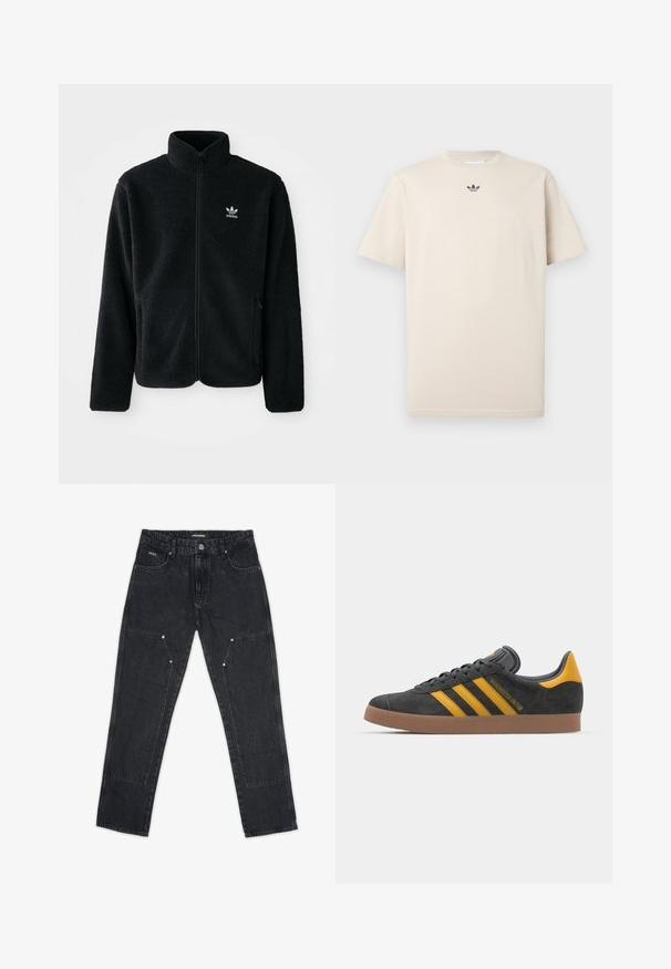 Jachetă din fleece neagră cu guler înalt, fermoar pe față și buzunare frontale. Caracteristici ale materialului texturat și un mic logo alb pe pieptul stâng.; Tricou din bumbac bej cu guler rotund, mâneci scurte și un mic logo întunecat pe piept. Textură netedă și croială lejeră.; Pegador VINTO CARPENTER - Blugi carpenter - washed black; Tenisi negri din suede cu accente galbene, având trei dungi și o talpă din cauciuc maroniu. Include un limba căptușită pentru confort.