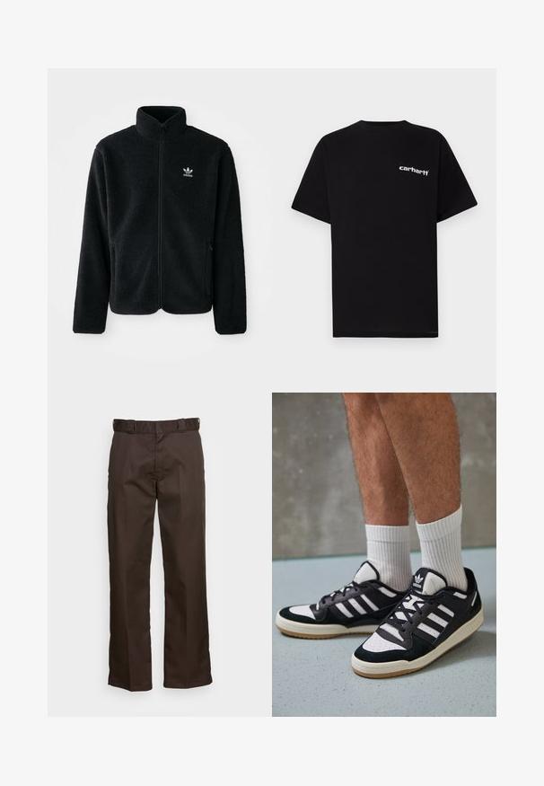 Melns flīsa mētelis ar augstu apkakli, ar rāvējslēdzēju priekšā un priekšējiem kabatām. Iezīmē ar teksturētu audumu un mazu baltu logo uz kreisā krūtīm.; Melna kokvilnas T-krekls ar īsām piedurknēm, apaļu kakla izgriezumu un baltu "Carhartt" logotipu uz kreisās krūtis. Gluda tekstūra, minimālistisks dizains.; Brūni bikses ar taisnu kāju griezumu, ar platu priekšu, jostu cilpiņām un gludu tekstūru. Vienkārša dizaina bez rakstiem vai akcentiem.; Melnas un baltas kedas ar zamša un ādas augšdaļu, kas aprīkotas ar trim baltām svītrām, perforētu purngali un gumijas zolēm.