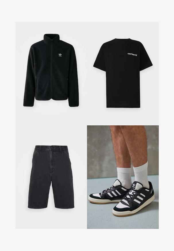 Svart fleecejakke med høy krage, glidelås foran og frontlommer. Har strukturert stoff og liten hvit logo på venstre bryst.; Svart bomulls-T-skjorte med korte ermer, rund hals og hvit "Carhartt"-logo på venstre bryst. Glatt tekstur, minimalistisk design.; Svarte denimshorts med rett snitt, med knappelukking og to sidelommer. Ufullstendig kant med subtile falmede detaljer.; Sorte og hvite sneakers med overdel i semsket skinn og lær, med tre hvite striper, perforert tå og en såle av gummi.
