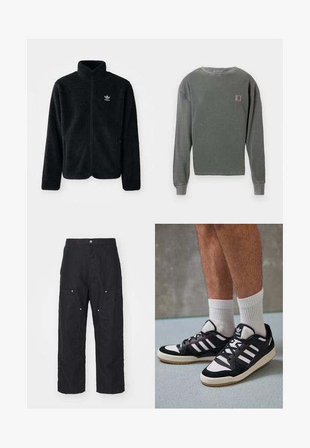 Svart fleecejakke med høy krage, glidelås foran og frontlommer. Har strukturert stoff og liten hvit logo på venstre bryst.; Grå langermet genser med rund hals og ribbestruktur, med et lite firkantet logo-patch på venstre bryst og ribbestrikkede mansjetter.; Sorte bukser laget av et teksturert stoff, med høy midje, loose fit og frontlommer med snaps i sølvfarge.; Sorte og hvite sneakers med overdel i semsket skinn og lær, med tre hvite striper, perforert tå og en såle av gummi.