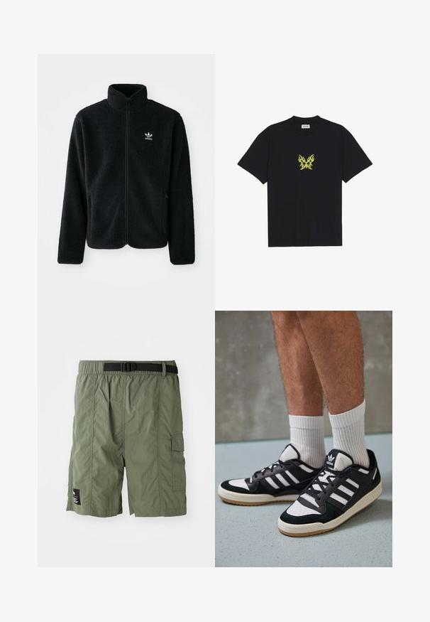 Zwarte fleece jacket met hoge kraag, ritssluiting aan de voorkant en voorzakken. Kenmerkt zich door textuurstof en een klein wit logo op de linkerborst.; Zwarte katoenen t-shirt met een kleine gele vlinderafbeelding met vlampatroon op de borst. Ronde halslijn, korte mouwen.; Olijfgroene cargoshorts met een elastische tailleband en een zwarte gesp. Voorzien van een zijzak en een gestructureerde stof.; Zwart-witte sneakers met een bovenwerk van suede en leer, voorzien van drie witte strepen, een geperforeerde neus en een rubberen gumzool.