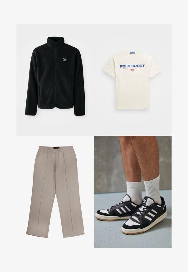 Svart fleecejakke med høy krage, glidelås foran og frontlommer. Har strukturert stoff og liten hvit logo på venstre bryst.; Hvit bomulls T-skjorte med "POLO SPORT" i blå og rød trykk, med et lite amerikansk flagg ikon under teksten. Korte ermer, rund hals.; Beige vidbukser laget av stoff, med frontlommer, glidelås og to vertikale sømmer på hvert ben.; Sorte og hvite sneakers med overdel i semsket skinn og lær, med tre hvite striper, perforert tå og en såle av gummi.