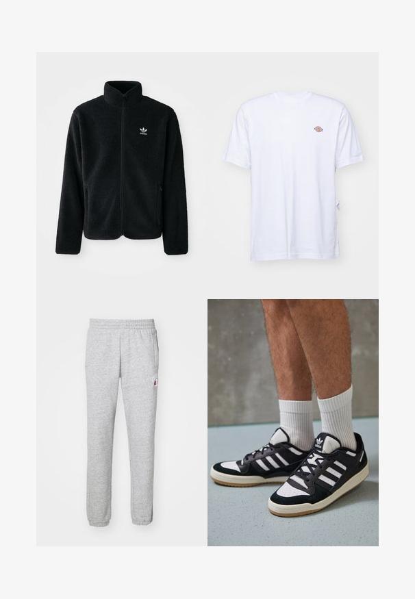 Črna flis jakna z visokim ovratnikom, z zadrgo spredaj in sprednjimi žepi. Ima strukturno blago in majhno belo logo na levi strani prsnega koša.; Bela bombažna majica s kratkimi rokavi in V-izrezom. Ima majhen barvni vezen logotip na levem prsnem delu. Mehka tekstura.; Sive trenirke iz mehkega materiala, z elastičnim pasom, stranskima žepoma in majhnim logotipom na levem stegnu.; Črno-bele superge z zgornjim delom iz usnja in nubuka, ki imajo tri bele črte, perforiran vrh prstov in podplat iz gume.