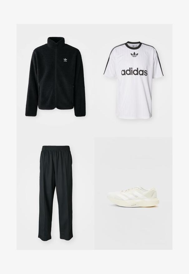 Schwarze Fleecejacke mit hohem Kragen, durchgehendem Reißverschluss und Fronttaschen. Verfügt über strukturiertes Material und ein kleines weißes Logo auf der linken Brust.; Weißes Adidas-T-Shirt mit schwarzen Akzenten, runder Ausschnitt und großem schwarzen Logo auf der Vorderseite. Kurze Ärmel mit schwarzen Streifen. Strukturierter Stoff.; Schwarze Sporthosen mit elastischem Bund, aus glattem Stoff, mit dezenten Seitennähten und einem entspannten Schnitt, mit geradem Bein.; Weißer Sportschuh mit Mesh-Obermaterial, ausgestattet mit drei weißen Streifen, einer abgerundeten Zehenpartie und einer hellen Sohle, die mit "LIGHTSTRIKE PRO" beschriftet ist.