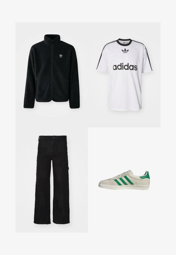 Schwarze Fleecejacke mit hohem Kragen, durchgehendem Reißverschluss und Fronttaschen. Verfügt über strukturiertes Material und ein kleines weißes Logo auf der linken Brust.; Weißes Adidas-T-Shirt mit schwarzen Akzenten, runder Ausschnitt und großem schwarzen Logo auf der Vorderseite. Kurze Ärmel mit schwarzen Streifen. Strukturierter Stoff.; Schwarze Cargo-Hosen aus Baumwollmischung, mit lockerem Schnitt, zwei seitlichen Taschen, einem Knopfverschluss und einer glatten Textur mit einem dezenten Muster.; Beige Sneaker mit grünen Streifen, ausgestattet mit einer weißen Sohle und einem Obermaterial aus glattem Leder. Seitenansicht, die die Schnürdetails und das Logo hervorhebt.