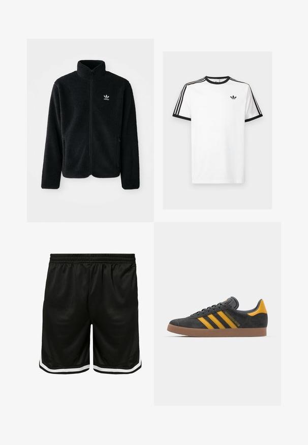 Giacca in pile nera con colletto alto, chiusura zip frontale e tasche anteriori. Presenta un tessuto testurizzato e un piccolo logo bianco sul lato sinistro del petto.; T-shirt bianco in cotone con scollo e maniche a coste nere, caratterizzato da tre righe nere su ogni spalla e un piccolo logo sul petto.; Pantaloni sportivi neri realizzati in tessuto a rete, con vita elasticizzata, strisce bianche sui lati e una vestibilità comoda e rilassata.; Sneaker in suede nero con dettagli gialli, dotato di tre strisce e una suola in gomma marrone. Include una linguetta imbottita per il comfort.