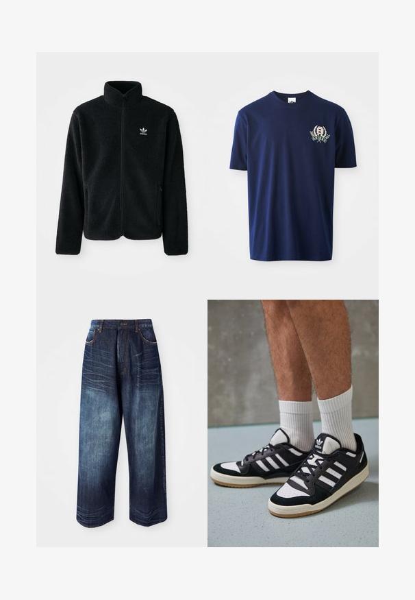 Jachetă din fleece neagră cu guler înalt, fermoar pe față și buzunare frontale. Caracteristici ale materialului texturat și un mic logo alb pe pieptul stâng.; Tricou din bumbac de culoare bleu marin, cu mâneci scurte, guler rotund și logo brodat cu accente de laur în partea stângă a pieptului.; Pantalonii largi din denim albastru închis au talie înaltă, cusături contrastante, buzunare frontale și o textură netedă cu o ușoară decolorare.; Adidași negri și albi cu un superior din suede și piele, prevăzuți cu trei dungi albe, un vârf perforat și o talpă din cauciuc caramel.