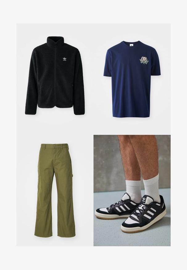 Casaco de fleece preto com gola alta, fecho de correr à frente e bolsos frontais. Apresenta um tecido texturizado e um pequeno logo branco no lado esquerdo do peito.; T-shirt de algodão azul marinho com mangas curtas, gola redonda e logótipo bordado com detalhes de louros no lado esquerdo do peito.; Calças largas de cor verde-azeitona feitas de um tecido durável, com fecho de botão, bolsos laterais e um design de bainha reta.; Ténis em preto e branco com upper em camurça e couro, apresentando três riscas brancas, um toe perfurado e uma sola em borracha de goma.