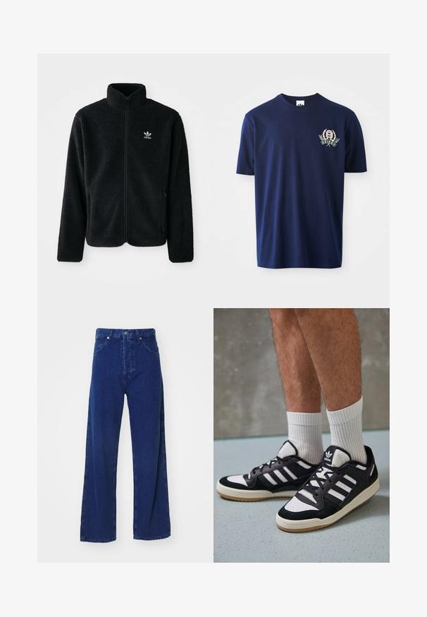 Melns flīsa mētelis ar augstu apkakli, ar rāvējslēdzēju priekšā un priekšējiem kabatām. Iezīmē ar teksturētu audumu un mazu baltu logo uz kreisā krūtīm.; Tumši zila kokvilnas T-kreklu ar īsām piedurknēm, apaļu izgriezumu un izšūtu logo ar lauru akcentiem kreisajā krūtī.; Platas kājas zila denim bikses ar augstu jostasvietu, kurām ir priekšējie kabatas un pogu aizdare. Gluda tekstūra un minimālas šuvju detaļas.; Melnas un baltas kedas ar zamša un ādas augšdaļu, kas aprīkotas ar trim baltām svītrām, perforētu purngali un gumijas zolēm.