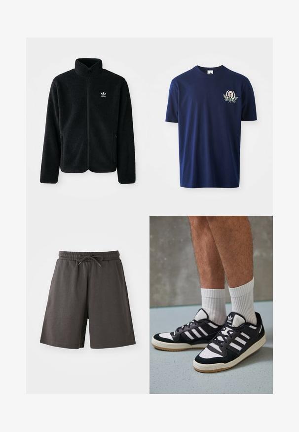 Juodas fliso džemperis su aukštu apykakle, užtrauktuku priekyje ir priekinėmis kišenėmis. Ypatybės: tekstūruota medžiaga ir mažas baltas logotipas kairėje krūtinės pusėje.; Jūros mėlynos spalvos medvilnės marškinėliai trumpomis rankovėmis, su apvaliu iškirpimu ir siuvinėtu logotipu, kuriame yra lauro akcentai kairėje krūtinės pusėje.; Tamsiai pilki šortai, pagaminti iš minkštos medžiagos, turintys elastingą juosmenį, reguliuojamą raištelį ir kelio ilgio fasoną. Lygi tekstūra, be raštų.; Juodos ir baltos sportinės bateliai su zomšiniu ir odiniu viršumi, su trimis baltomis juostelėmis, perforuota koja ir guminėmis padais.