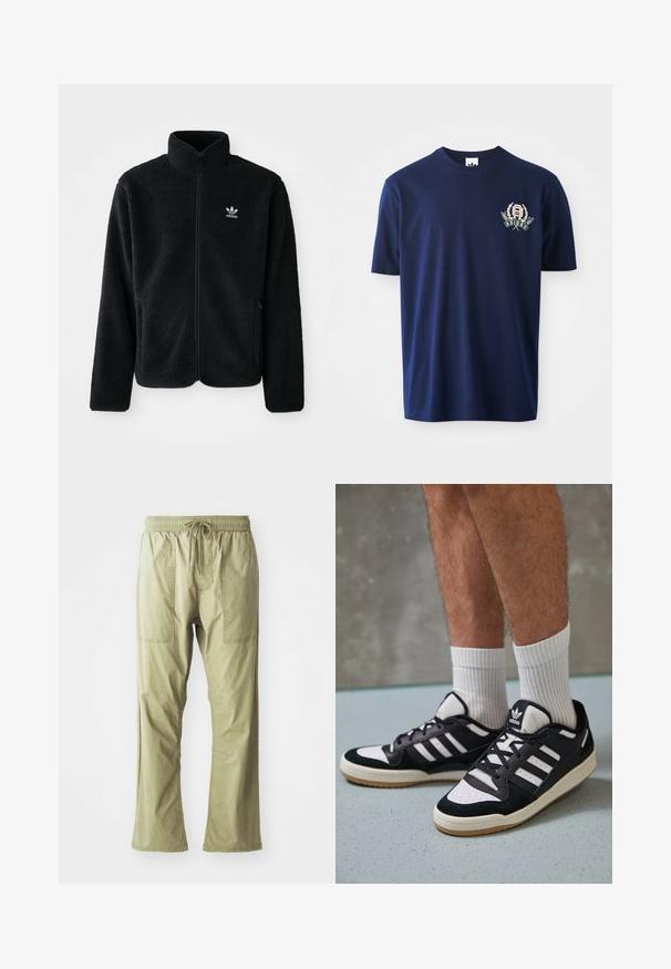 Svart fleecejacka med hög krage, blixtlås fram och framfickor. Har strukturtyg och en liten vit logotyp på vänster bröst.; Marinblå t-shirt i bomull med korta ärmar, rund halsringning och broderad logotyp med lager accenter på vänster bröst.; Olivgröna, lätta cargo-byxor med dragsko i midjan, två framfickor och en avslappnad passform. Slätt bomullstyg, rakt ben design.; Svartvita sneakers med ovandel i mocka och läder, med tre vita ränder, perforerad tå och sula av gummigummi.