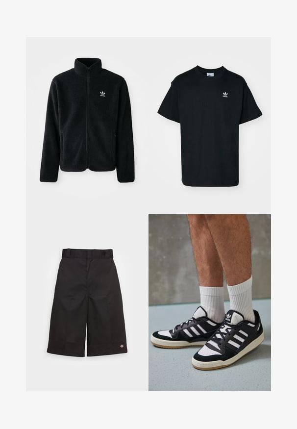 Fekete bolyhos dzseki magas gallérral, cipzáros elejével és elülső zsebeivel. Texturált anyaga és kis fehér logója van a bal mellen.; Fekete pamut póló kerek nyakkal és rövid ujjal, bal melle részen egy kis fehér Adidas logóval.; Fekete pamut rövidnadrág egyenes szabással, térd hosszúságú, és látható márkás logóval a szegélyen, sima textúrával.; Fekete-fehér tornacipők velúr és bőr felsőrésszel, három fehér csíkkal, perforált orral és gumi talppal.