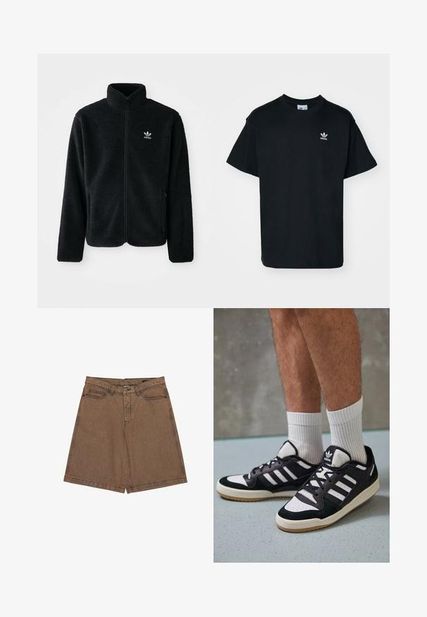 Black fleece jacket with high collar, zip front, and front pockets. Features textured fabric and small white logo on left chest.; Black cotton t-shirt with a crew neck and short sleeves, featuring a small white Adidas logo on the left chest area.; Brown denim shorts with a straight cut, large side pockets, logo detail on the waistband, and contrasting stitching along the seams.; Black and white sneakers with a suede and leather upper, featuring three white stripes, a perforated toe, and a gum rubber sole.