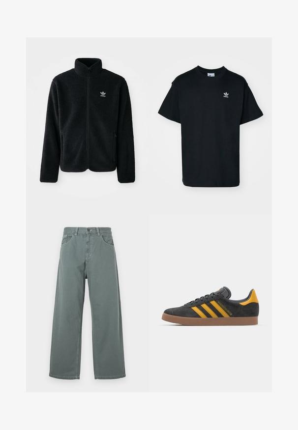 Sort fleecejakke med høj krave, lynlås foran og frontlommer. Har tekstureret stof og lille hvidt logo på venstre bryst.; Sorte bomulds T-shirt med rund hals og korte ærmer, prydet med et lille hvidt Adidas-logo på venstre brystområde.; Breddebenede bukser i afdæmpet grøn bomuld, med en klassisk talje, bæltesløjfer, forlommer og kontrasterende sømdetaljer.; Sort suedet sneaker med gule accenter, der har tre striber og en brun gummisål. Inkluderer en polstret tunge for komfort.