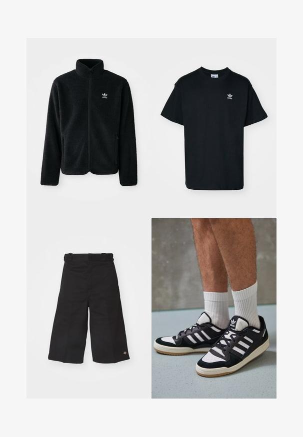 Black fleece jacket with high collar, zip front, and front pockets. Features textured fabric and small white logo on left chest.; Black cotton t-shirt with a crew neck and short sleeves, featuring a small white Adidas logo on the left chest area.; Black wide-leg shorts made of durable fabric. Features a smooth texture and a small logo on the hem. Four belt loops on the waistband.; Black and white sneakers with a suede and leather upper, featuring three white stripes, a perforated toe, and a gum rubber sole.