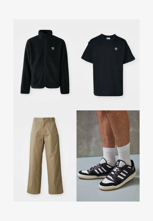 Svart fleecejakke med høy krage, glidelås foran og frontlommer. Har strukturert stoff og liten hvit logo på venstre bryst.; Svart bomull T-skjorte med rund hals og korte ermer, med en liten hvit Adidas-logo på venstre brystområde.; Kaki vide ben bukser lavet af bomuldsblandingsstof, med en enkelt knaplukning og synlige sidelommer. Glat tekstur, fryse detalje.; Sorte og hvite sneakers med overdel i semsket skinn og lær, med tre hvite striper, perforert tå og en såle av gummi.